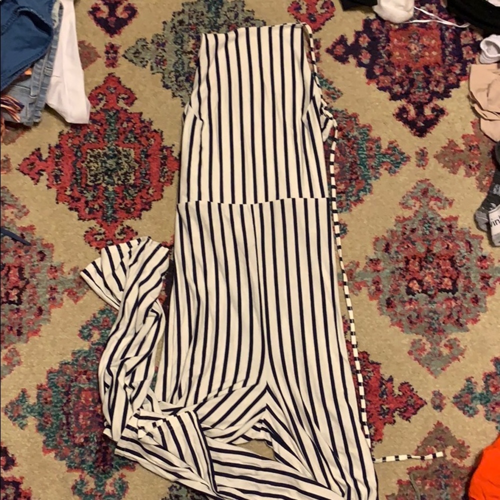 Navy and white striped jumpsuit missguided